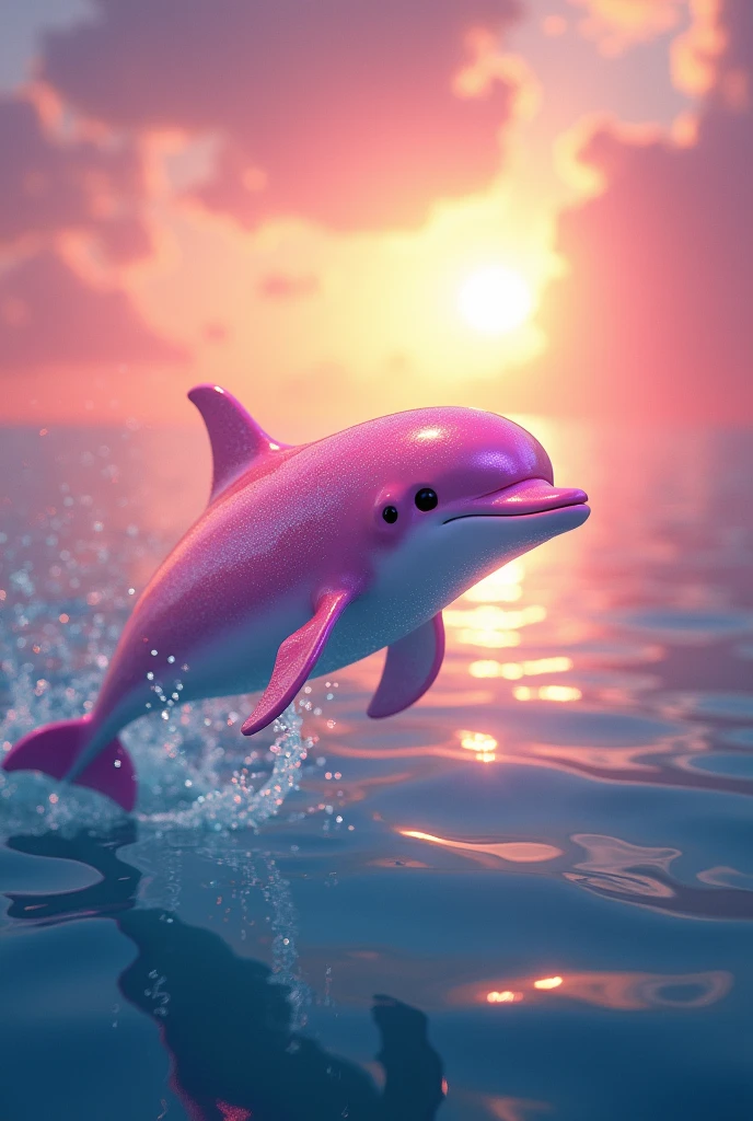 a pink dolphin with a sunset background