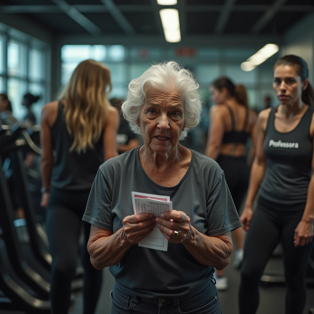 Inside a bustling and overcrowded gym predominantly filled with women, the scene is saturated with activity, as high-end weight machines and state-of-the-art exercise equipment fill every corner of the background. In the foreground, captured with exceptional clarity, stands an elderly Brazilian woman, 6, holding a small workout sheet, the size of a card, in her trembling hand. Her expression is one of deep desolation and abandonment, her face marked by the wrinkles of frustration and confusion as she struggles to understand the exercise instructions. Despite her visible need for assistance, she is completely unattended, a figure of sorrow lost in the sea of activity. The gym is filled to capacity, with every machine in use, creating an intense atmosphere. In the background, slightly out of focus but clearly visible, the young gym instructor—a 24-year-old Black woman wearing a fitted black t-shirt with ‘PROFESSORA’ emblazoned across her chest—is overwhelmed. She is surrounded and practically cornered by a large group of female students, all of whom are visibly frustrated and dissatisfied, their expressions clearly showing their irritation and disappointment due to the lack of attention. The instructor’s inability to help the elderly woman, overburdened as she is by the overwhelming demands of the other students, leaves the elderly woman feeling completely neglected and alone. This emotionally charged scene is set within a weight training gym, equipped with the finest machines designed primarily for women. The image should be captured with a Canon EOS R5 camera using the renowned RF 50mm f/1.2L lens, celebrated for its sharpness and depth of field. The lighting should be enhanced with a PolarPro QuartzLine ND filter to smooth out contrasts and maintain balanced exposure, while a Tiffen Glimmerglass filter adds a subtle glow that softens the harshness, lending a warm, natural feel. The final image must evoke the intense emotions of abandonment and frustratio