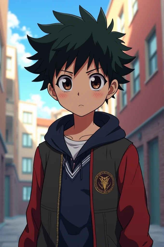 16 year old boy in the anime style of Boku no Hero Academia, dark brown hair, brown eyes that look black, Chilean, of the flaite style (a Chilean style), U school uniform.A.