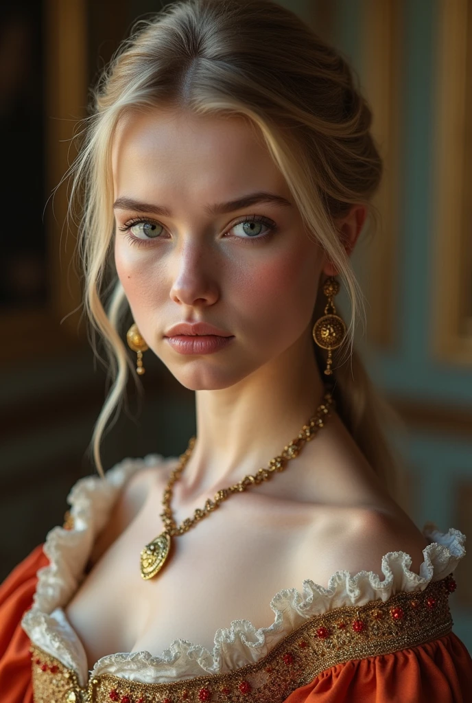 Photorealism!!!!!!, Close up shot , looking at viewer, Russian girl, 1 old, (Blond hair, middle hair , wince, Gray eyes, beautiful lip, serious), gold crescent earrings, gold neckless, (big breasts, slender whist, wide hip, real public hair) ,(Rococo 18the century dress) ,in Palace, in Moskva, textured skin , HI detailed skin, (foreshortening, Canon, UHD, anatomically correct, super detail, high details, highness,