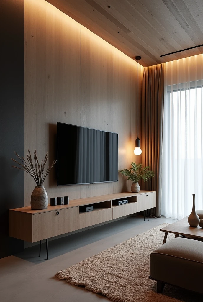 A modern and cozy living room with a gray floor and light walls. The wall where the TV is located has a dark burnt cement finish., creating an elegant contrast. The ceiling lining is made of PVC with a woody appearance, adding a touch of warmth to the environment. In the right corner of the room, there is a pendant light with two warm white light bulbs, that gently illuminates the space. The right wall is covered by a white curtain that stretches from end to end., giving a feeling of spaciousness. Below the TV, there is a vintage piece of furniture that houses some carefully selected decorative objects. To finish, a natural fabric rug covers part of the floor, on which is a coffee table made of natural wood, complementing the cozy and elegant look of the room. No LED lighting