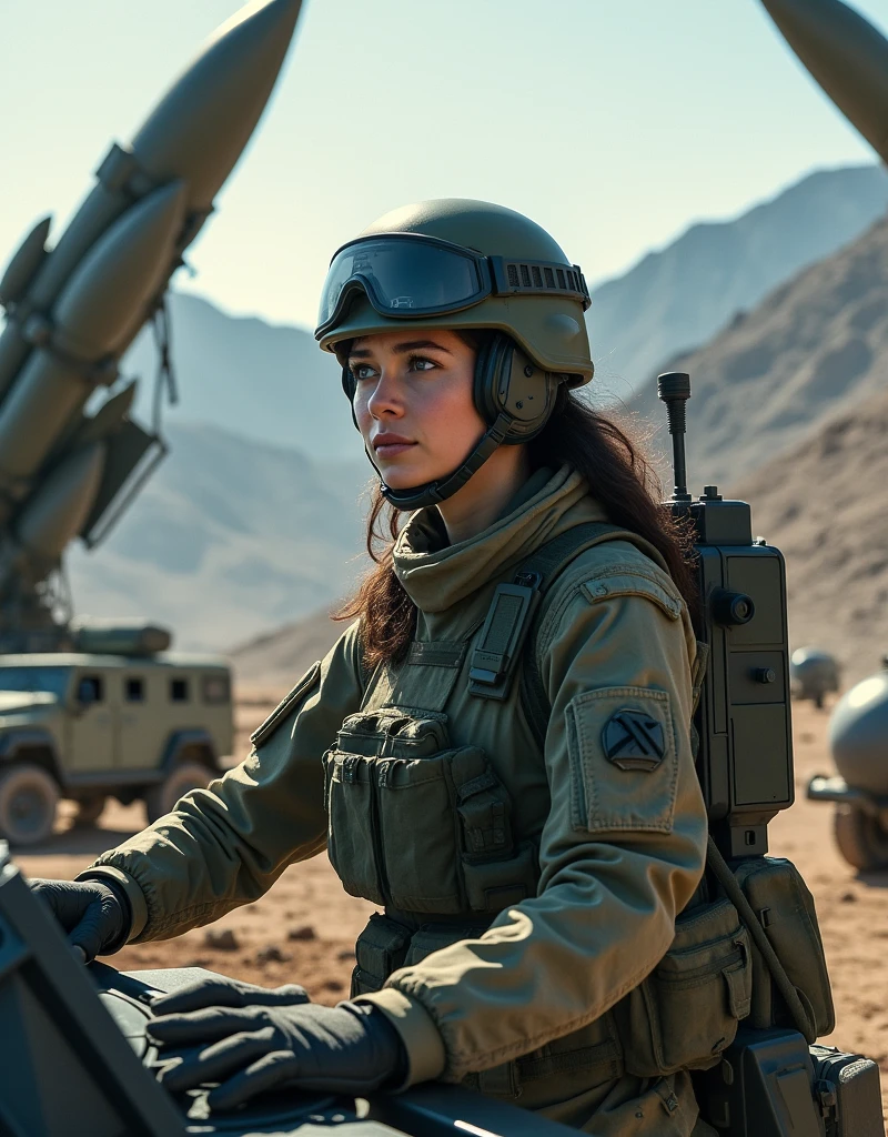 (photorealism:1.2), specific woman, air defense unit, Missile