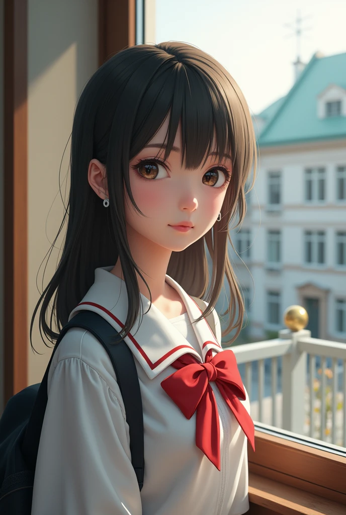 1student girl, shirt, bow, photo, realistic, best quality, Rent, Detailed face, school, buildings from window, Detailed background, Diffuse sunlight, Depth of field, bokeh