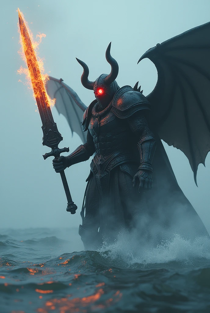 Fog on the sea, Jaeger ,black head, flame sword, cyclops eye,red hollow eye, armour dark,have iron wing