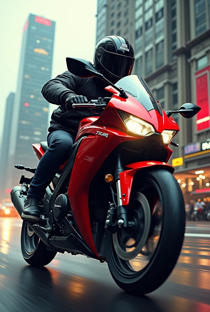 image of a biker at a low, diagonal angle, riding a red Honda CG Titan 160 motorcycle. in the background buildings of a city. The motorcyclist wears a full-face helmet with a low visor.