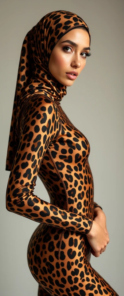 a most beautiful muslimah woman with leopard print hijab wears leopard print unitard catsuit.She always wear leopard print hijab.