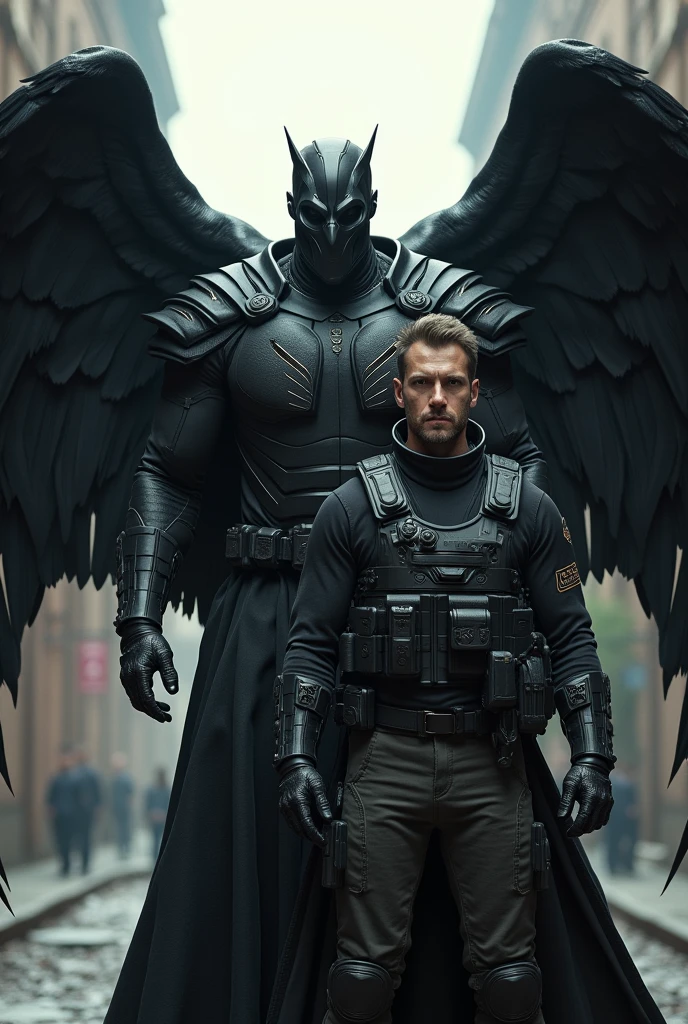 Soldier next to a 2&#39;90m attractive man in black heavy tactical military gear that has black wings on his back 