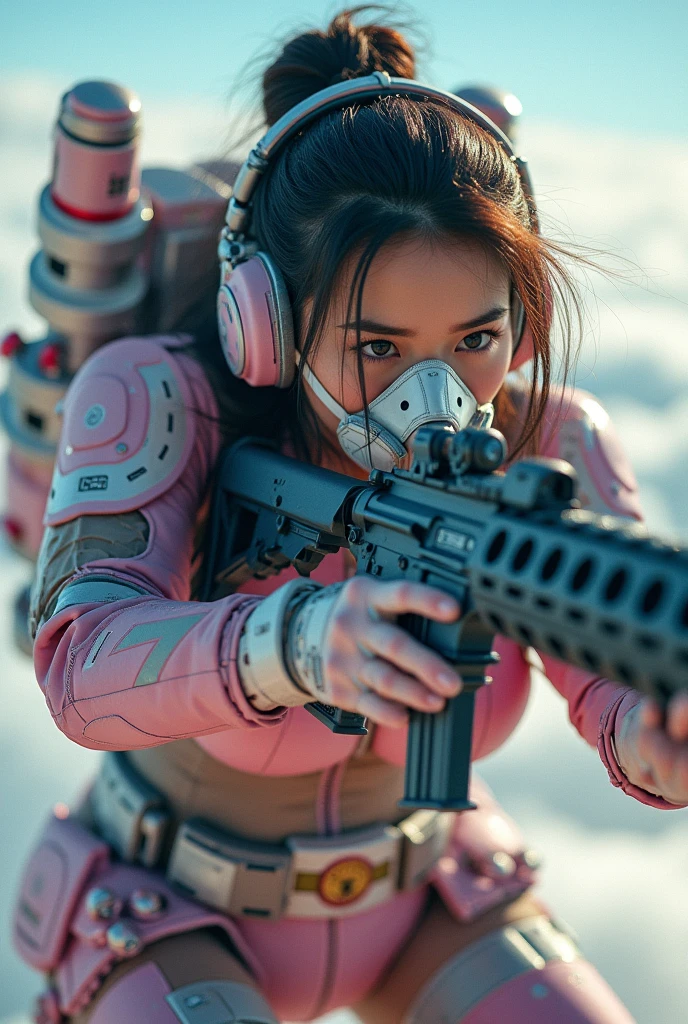 photo-realistic, ultra-realistic, very beautiful Japanese, famous Japanese idol but the strongest soldier in the world, 20 years old, dramatic scene, masterpiece, beautiful eyes, (extremely intricated with extremely complex pastel colored cute cyber punk mecha armored full-face gas mask:1.5), (wearing extremely intricated with extremely complex multi-layered cyber punk mecha-suits with neon marker:1.4), (She uses the ultra high power rocket engine on her back to flying high speed in the sky:1.5), amazing view from sky, smile, acrobatic pose, dynamic angle, (aim and shoot:1.3), spectacular and intense aerial battles, Nimble movements, Sharp turns, (very large breasts), (Fully equipped for battle:1.3), (holding m4a1 large assault rifle:1.2),