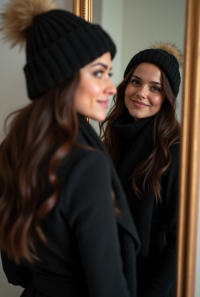 A woman resembling Scarlett Johansson, smiling, wearing a black dress and long dark hair, looks directly into the camera. She has just woken up disheveled, taking a selfie in the mirror, wearing winter clothes, a wool hat and a scarf.