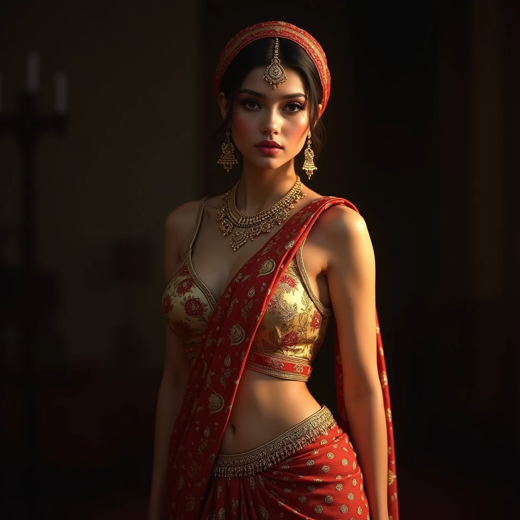 a beautiful traditional indian girl, 1girl, wearing a saree, thin gold waist chain around her navel, hijab covering her head tightly, very busty, perfect proportions, detailed facial features, beautiful eyes, nose, lips, long eyelashes, glowing skin, intricate saree details, detailed jewelry, dramatic lighting, cinematic composition, photorealistic, 8k, high quality, best quality, masterpiece