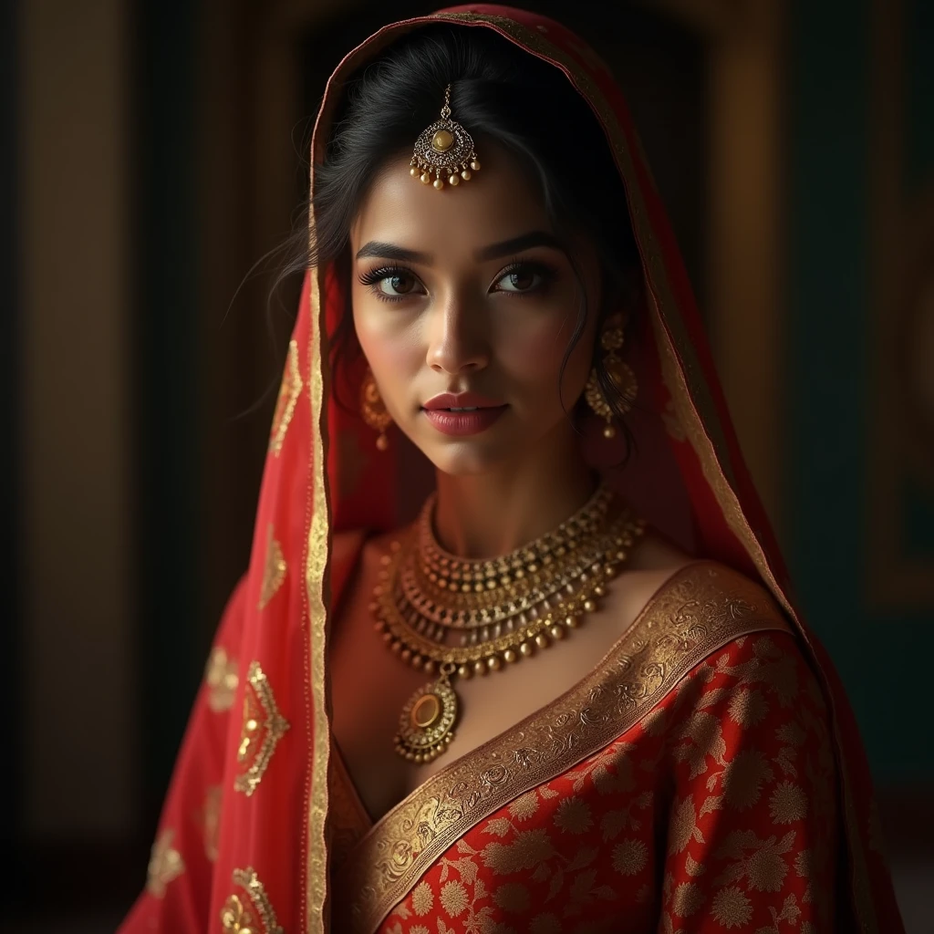 a beautiful traditional indian girl, 1girl, wearing a saree, thin gold waist chain around her navel, hijab covering her head tightly, very busty, perfect proportions, detailed facial features, beautiful eyes, nose, lips, long eyelashes, glowing skin, intricate saree details, detailed jewelry, dramatic lighting, cinematic composition, photorealistic, 8k, high quality, best quality, masterpiece