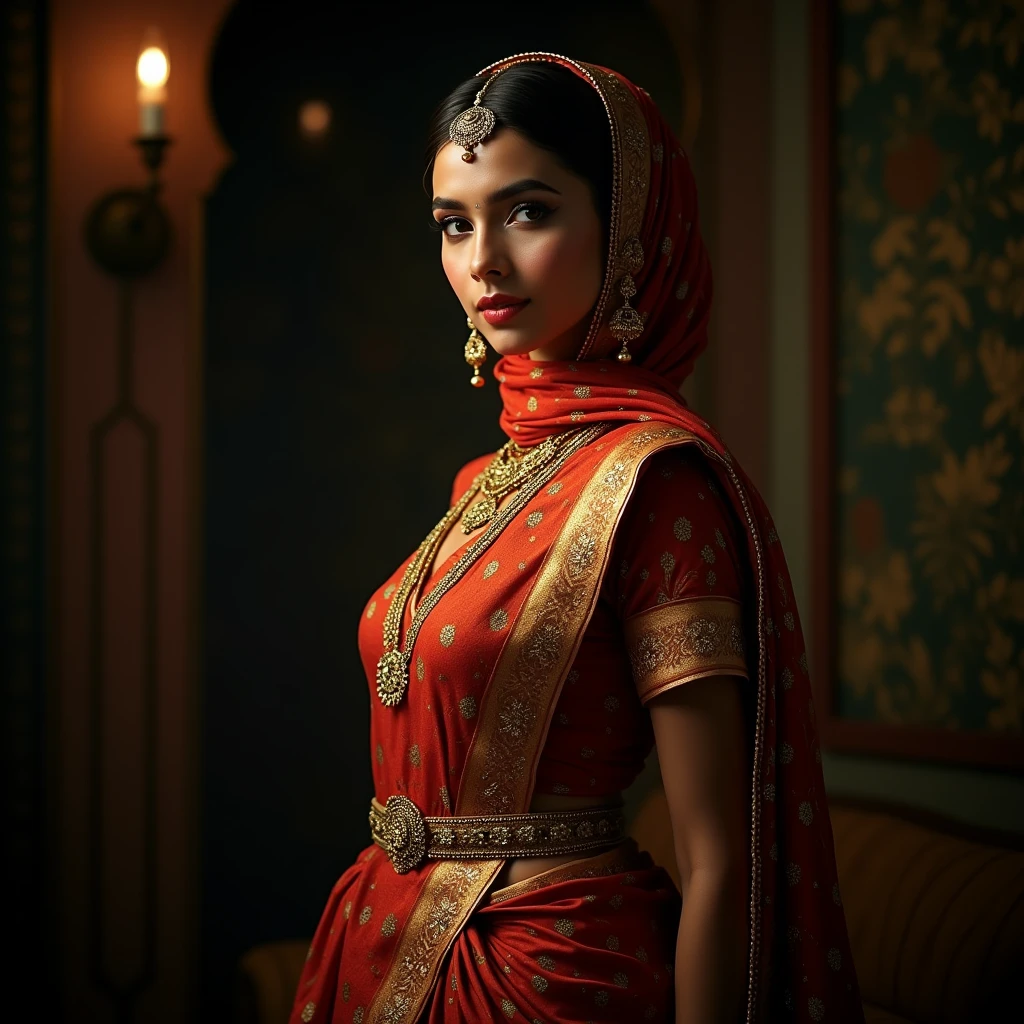 a beautiful traditional indian girl, 1girl, wearing a saree, thin gold waist chain around her navel, hijab covering her head tightly, very busty, perfect proportions, detailed facial features, beautiful eyes, nose, lips, long eyelashes, glowing skin, intricate saree details, detailed jewelry, dramatic lighting, cinematic composition, photorealistic, 8k, high quality, best quality, masterpiece