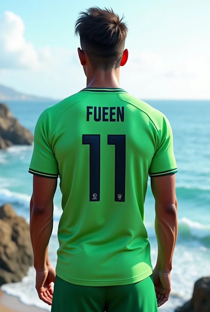 White and green football shirt, facing the front, on the coasts number 11 name FUEEN.