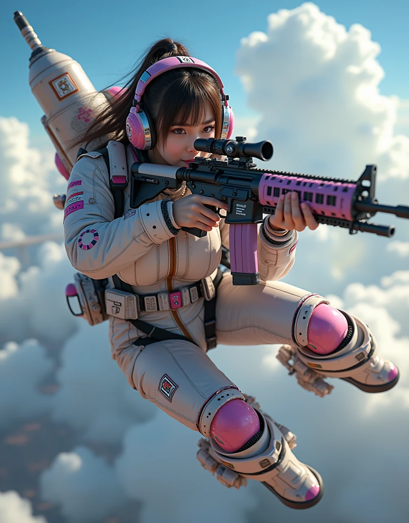 photo-realistic, ultra-realistic, very beautiful Japanese, famous Japanese idol but the strongest soldier in the world, 20 years old, dramatic scene, masterpiece, beautiful eyes, (extremely intricated with extremely complex pastel colored cute cyber punk mecha armored full-face gas mask:1.5), (wearing extremely intricated with extremely complex multi-layered cyber punk mecha-suits with neon marker:1.4), (She uses the ultra high power rocket engine on her back to flying high speed in the sky:1.5), amazing view from sky, smile, acrobatic pose, dynamic angle, (aim and shoot:1.3), spectacular and intense aerial battles, Nimble movements, Sharp turns, (very large breasts), (Fully equipped for battle:1.3), (holding m4a1 large assault rifle:1.2),