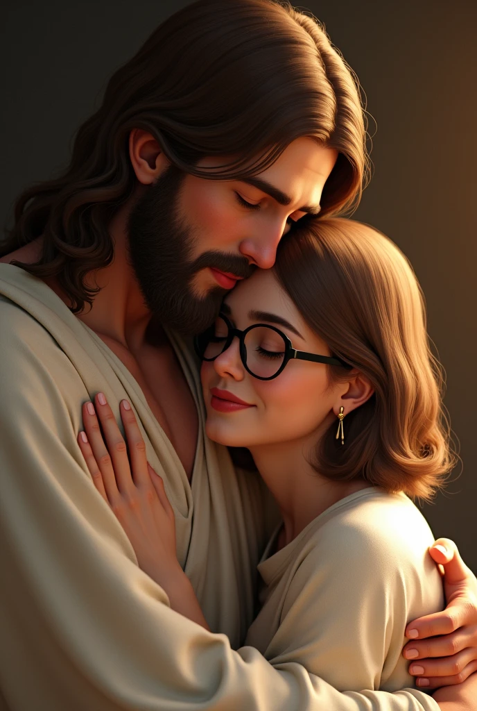 brown haired woman with shoulder length hair wearing glasses full mouth brown eyes big nose being hugged by Jesus 