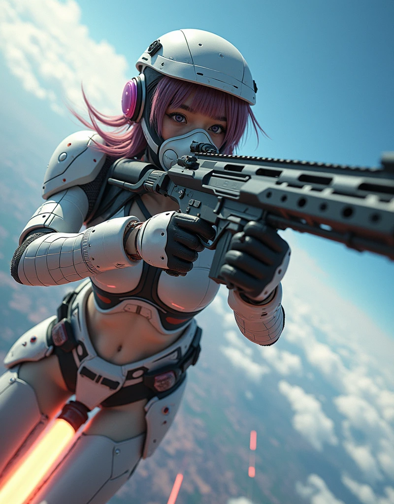 photo-realistic, ultra-realistic, very beautiful Japanese, famous Japanese idol but the strongest soldier in the world, 20 years old, dramatic scene, masterpiece, beautiful eyes, (extremely intricated with extremely complex pastel colored cute cyber punk mecha armored full-face gas mask:1.5), (wearing extremely intricated with extremely complex multi-layered cyber punk mecha-suits with neon marker:1.4), (She uses the ultra high power rocket engine on her back to flying high speed in the sky:1.5), amazing view from sky, smile, acrobatic pose, dynamic angle, (aim and shoot:1.3), spectacular and intense aerial battles, Nimble movements, Sharp turns, (very large breasts), (Fully equipped for battle:1.3), (holding m4a1 large assault rifle:1.2),