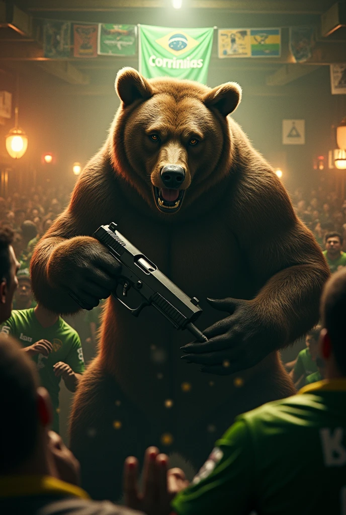 A bear with a gun entering a bar full of Corinthians fans