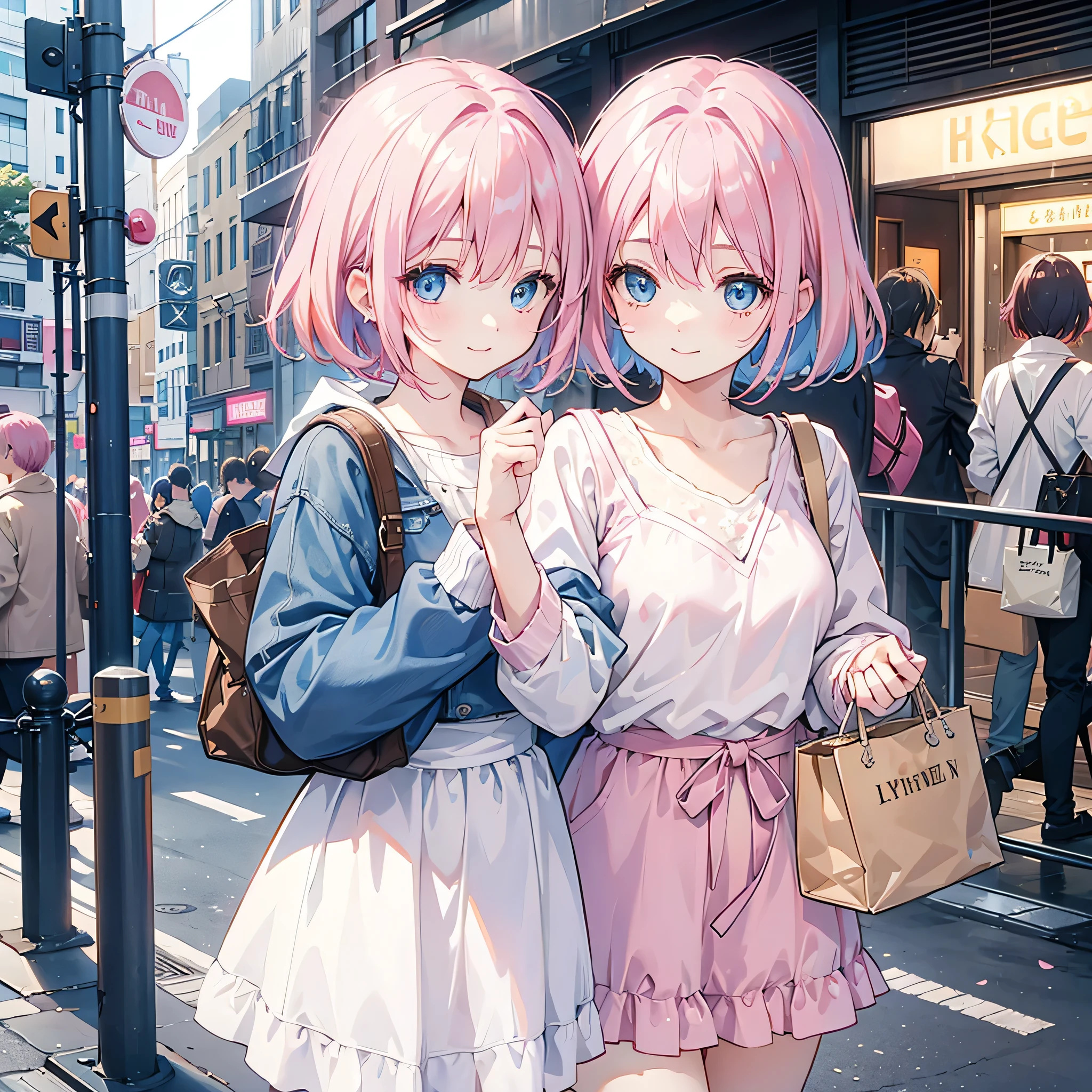 smile、Girl、Street、Pink Hair、Fluffy Bob、Blue eyes、highlight、Brown bag、casual、White tops、Lively、Bar Hopping