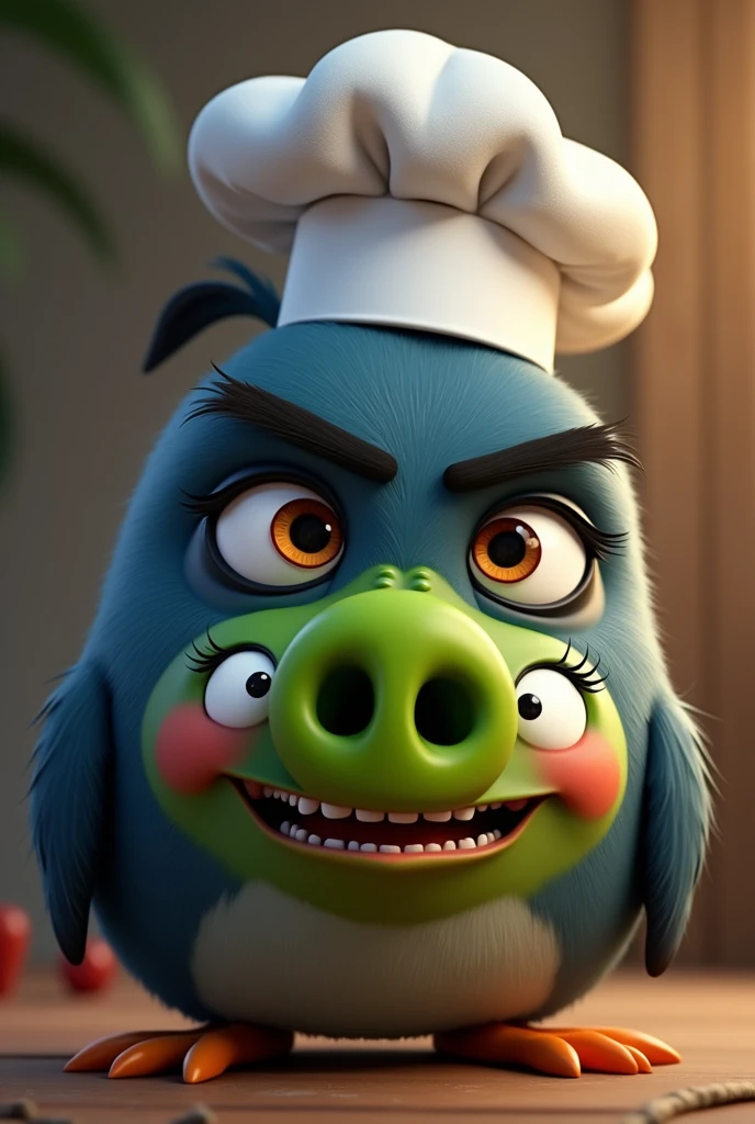 Angry birds toons style, bird, dark blue, long eyelines, brown eyes, black thick eyebrows, lashes, aroused smile, tall chef hat on her head, eyebrow piercing, blush, looks up, sweaty, smile, excited, horny, gets fucked by green pig with chef hat on and swirly mustache