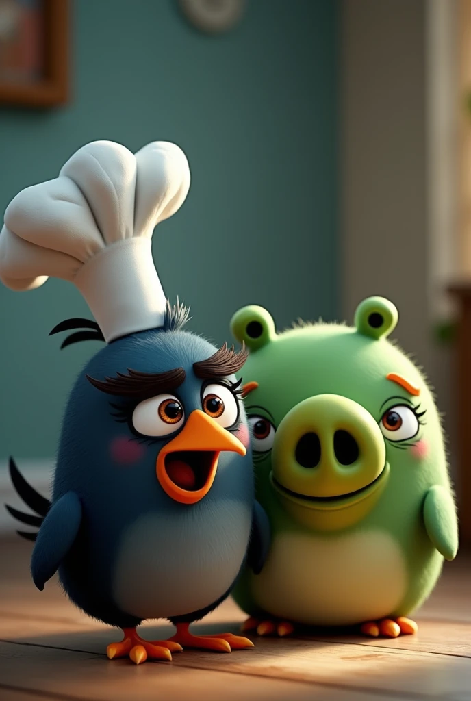 Angry birds toons style, bird, dark blue, long eyelines, brown eyes, black thick eyebrows, lashes, aroused smile, tall chef hat on her head, eyebrow piercing, blush, looks up, sweaty, smile, excited, horny, gets fucked by green pig with chef hat on and swirly mustache