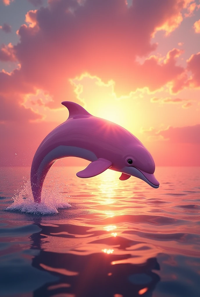 a pink dolphin with realistic sunset background