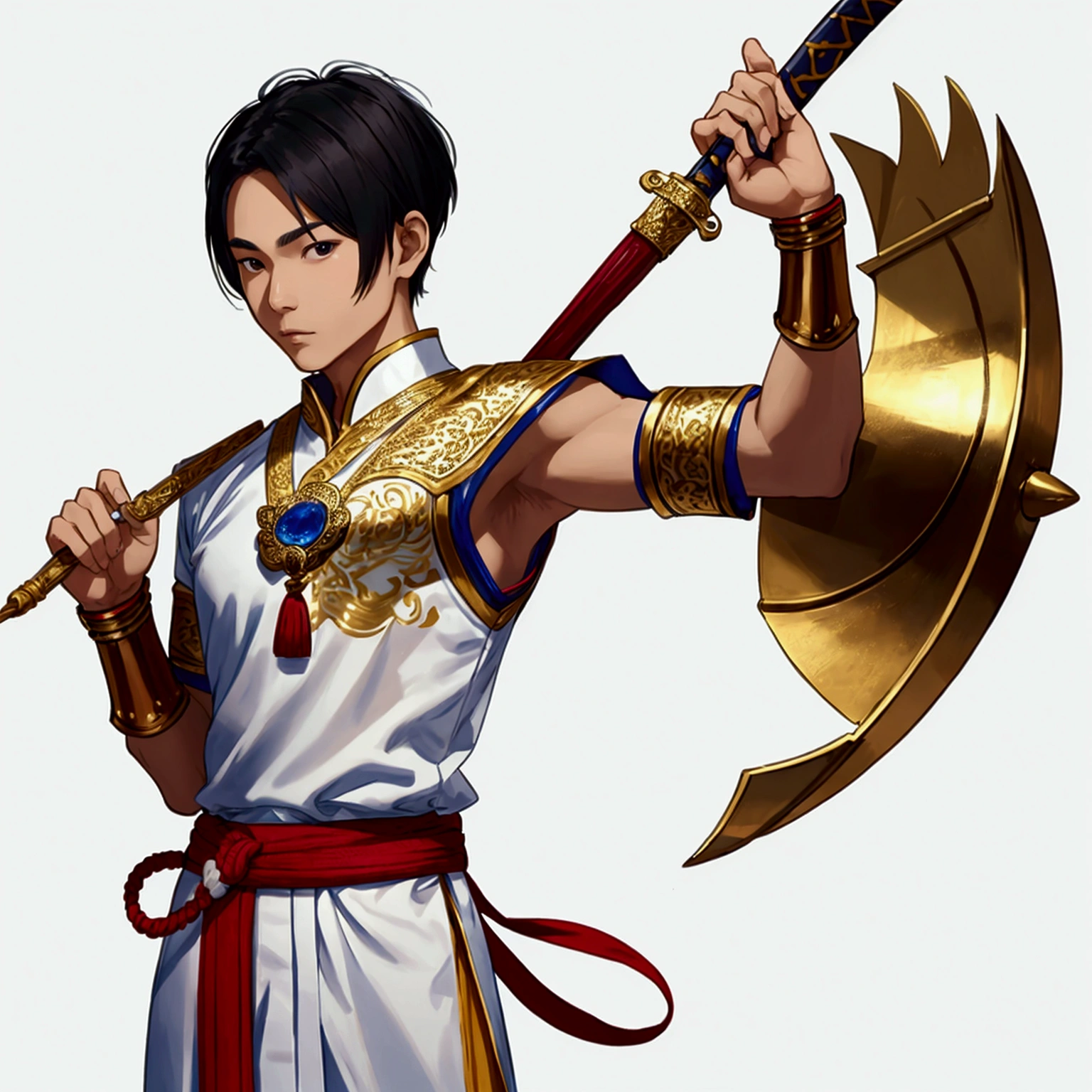 man,Wearing Thai warrior costume,Wear white.,holding a sword,short hair,