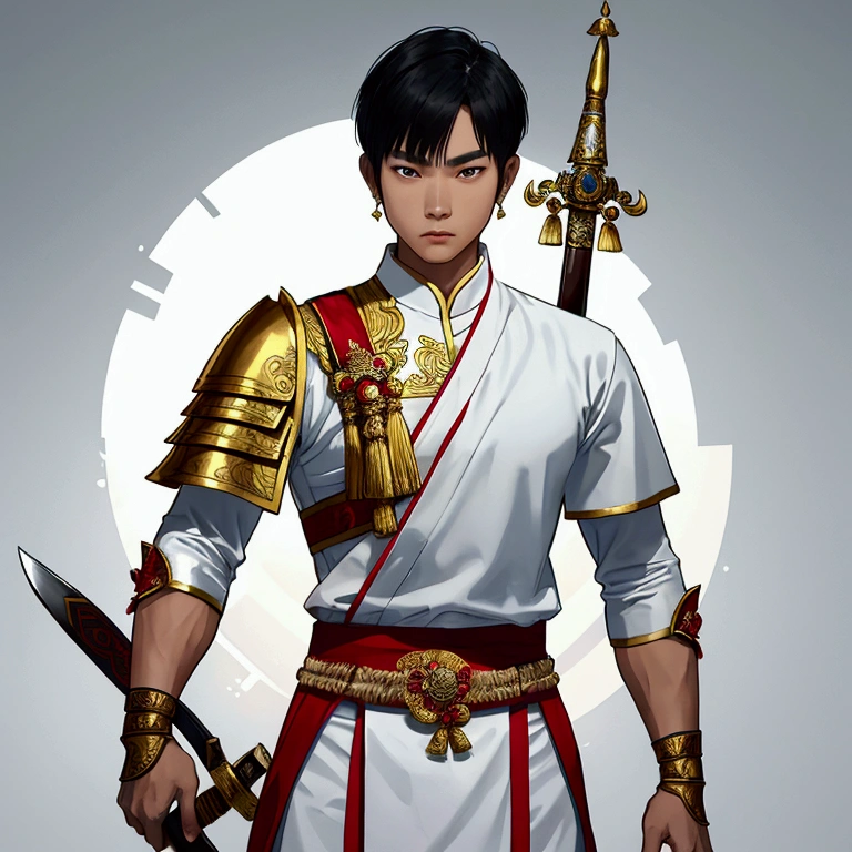 man,Wearing Thai warrior costume,Wear white.,holding a sword,short hair,