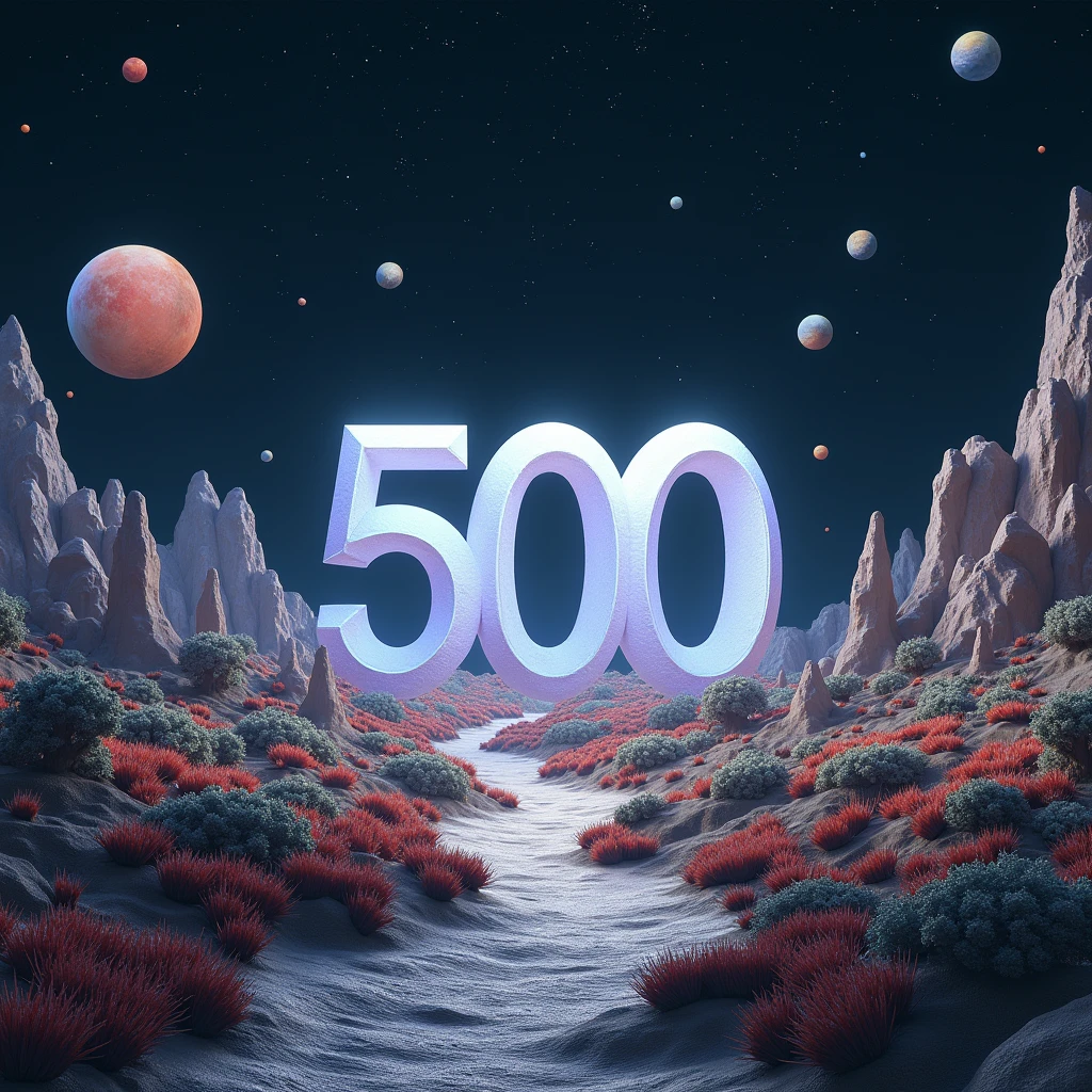 A photorealistic shot of an alien landscape otherworldly made with geometrical hills and rocks scattered around with rocks and a variety of weird plants. Floating geometrical rocks levitating above ground scattered around. The word "500" made of quartz and is on the center of the scene emerging from the ground. It's night time and the sky is pitch black full of stars and planets. Realistic, hyperrealism, high resolution, extreme details, extreme quality, volumetric lighting, sharp details, 4k hdr, sci-fi