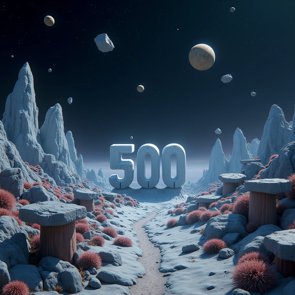 A photorealistic shot of an alien landscape otherworldly made with geometrical hills and rocks scattered around with rocks and a variety of weird plants. Floating geometrical rocks levitating above ground scattered around. The word "500" made of quartz and is on the center of the scene emerging from the ground. It's night time and the sky is pitch black full of stars and planets. Realistic, hyperrealism, high resolution, extreme details, extreme quality, volumetric lighting, sharp details, 4k hdr, sci-fi