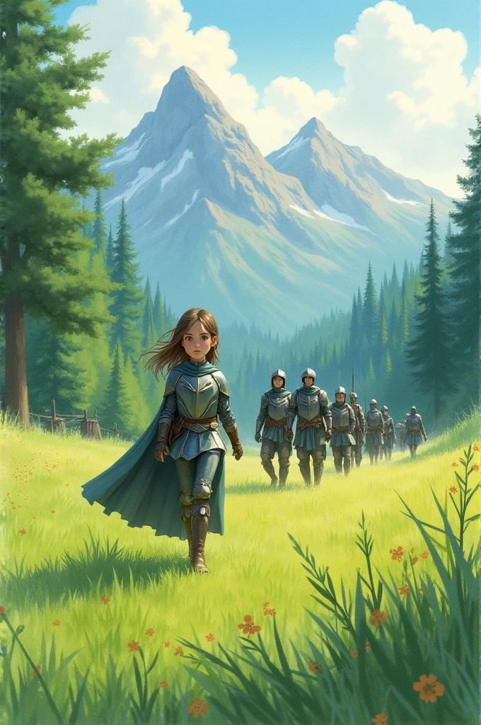 In a green meadow stands a girl leading a group of knights.
BREAK
With a brave expression, she guides them towards their destination.
BREAK
Behind her, a green forest stretches out and beyond that, mountains rise in the distance.
BREAK
The most suitable effect for this scene would be a watercolor painting technique to capture the softness of the meadow and the fluidity of the movement.
...