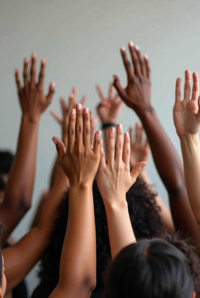 give me an image where diverse people put their hands up high together (make it realistic and their face not included)