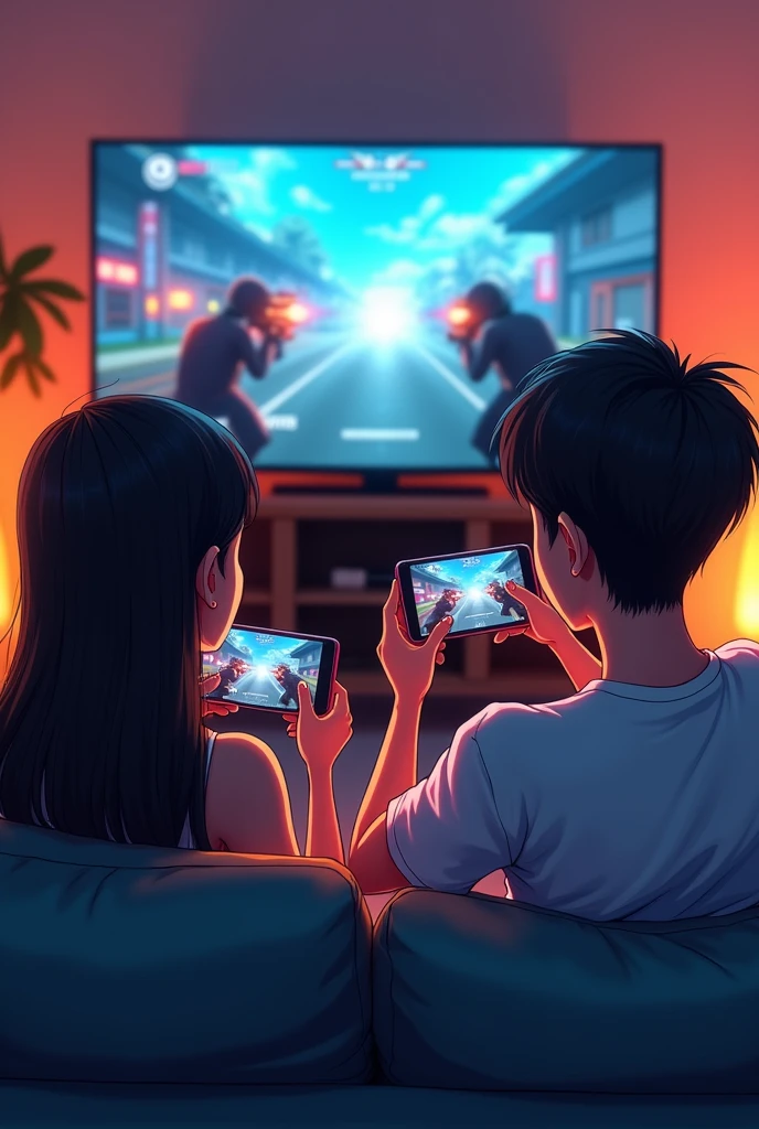 A couple aged 19, sitting together on a couch, playing call of duty mobile fps ,both dark skinned , anime style, casting onthe tv ,