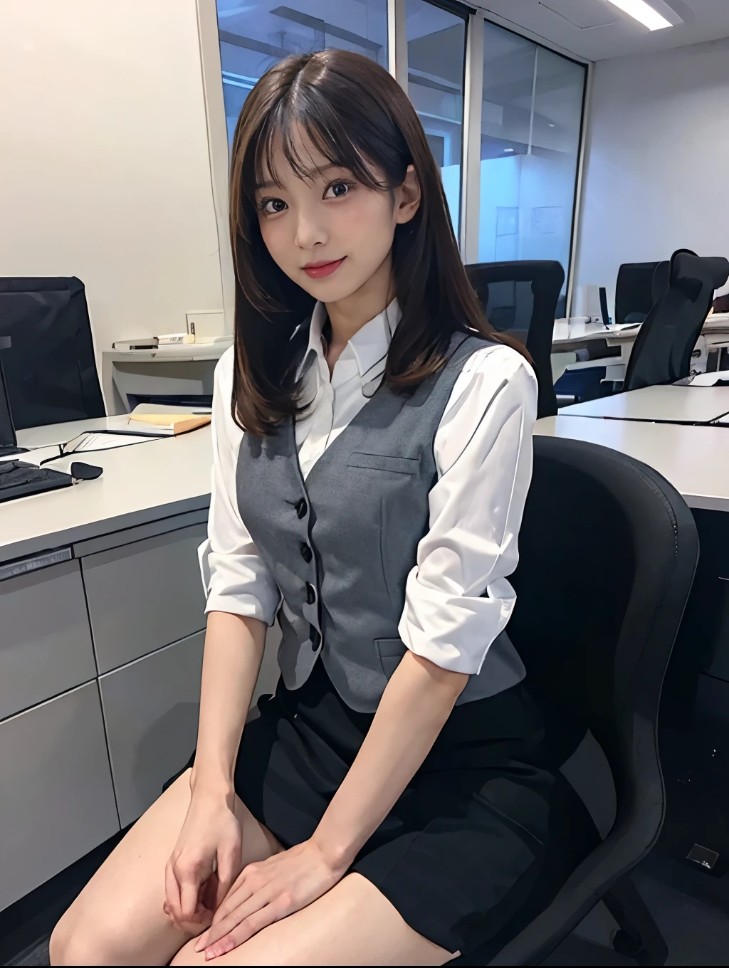 Looking into the camera,4,1 female,(She wears white panties),(Japanese Office Ladyの:1.3, White business shirt:1.3, black business vest:1.3, Black mini skirt:1.3), (Japanese Office Lady:1.3, Business services), (Crouching posture), (I can see her dirty little panties), (Obscene pose),(Voluptuous body), (Brown Hair, Shoulder-length straight hair),(Best image quality, (8k), Ultra-realistic, 最high quality, high quality, High resolution, high qualityの質感, Attention to detail, Beautiful details, Finer details, Highly detailed CG, Detailed Texture, Realistic facial expressions, masterpiece, in front),(((Strict adherence to front-end configuration))), (((Photograph the whole body))), (((Photo of a person with their legs spread))), (((Accentuate the crotch)))