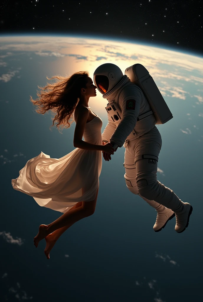 Style hiperrealistic. "Create a dramatic and intimate scene for a video teaser, set in the vastness of space. A woman, suspended in zero gravity,
floats towards an astronaut, also weightless, with the curvature of the Earth looming in the distant background. The woman wears a elegant, flowing dress, her hair and fabric drifting freely in the absence of gravity. In stark contrast, the astronaut is fully clad in a bulky, white spacesuit, their helmet's visor reflecting the woman's alluring gaze. As she draws closer, her lips seem to yearn for a kiss, the tension between them palpable.
The scene is bathed in a warm, ethereal light, with the stars twinkling like diamonds against the blackness of space."