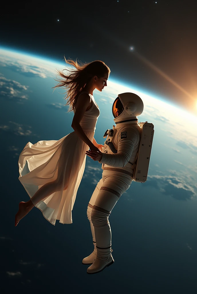 Style hiperrealistic. "Create a dramatic and intimate scene for a video teaser, set in the vastness of space. A woman, suspended in zero gravity, 
floats towards an astronaut, also weightless, with the curvature of the Earth looming in the distant background. The woman wears a elegant, flowing dress, her hair and fabric drifting freely in the absence of gravity. In stark contrast, the astronaut is fully clad in a bulky, white spacesuit, their helmet's visor reflecting the woman's alluring gaze. As she draws closer, her lips seem to yearn for a kiss, the tension between them palpable. 
The scene is bathed in a warm, ethereal light, with the stars twinkling like diamonds against the blackness of space."