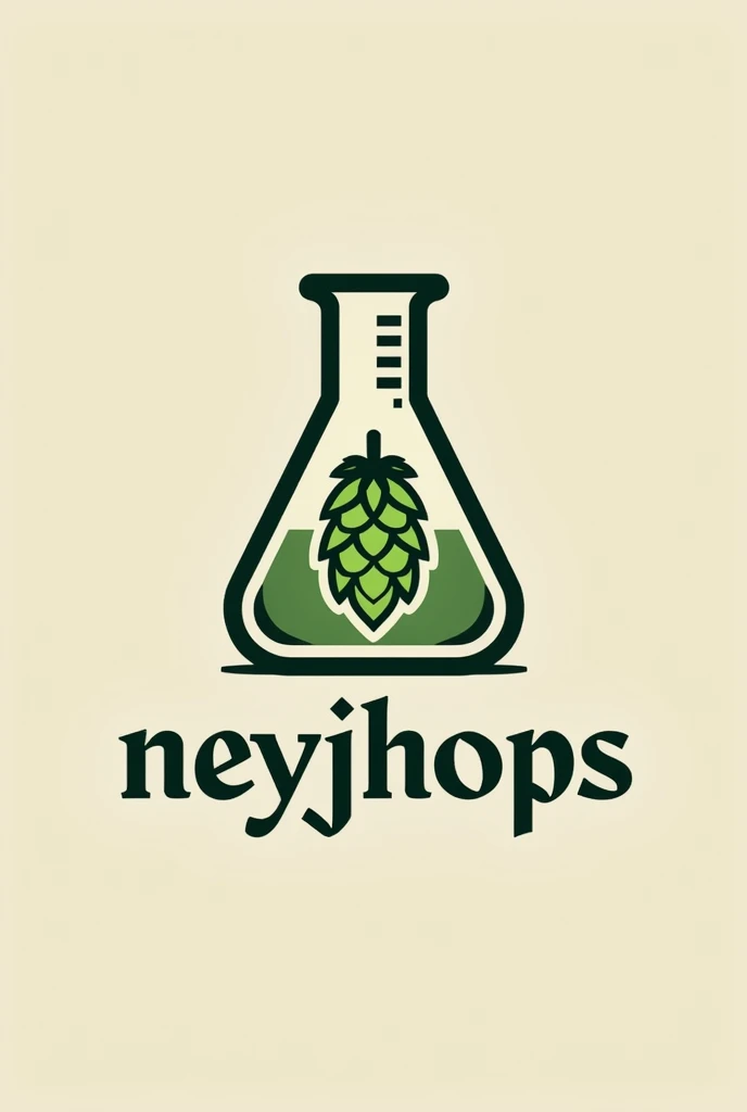 Logo for a beer bottle that says Neyjhops, The logo must be inspired by chemistry flasks, The name must contain a hop.
