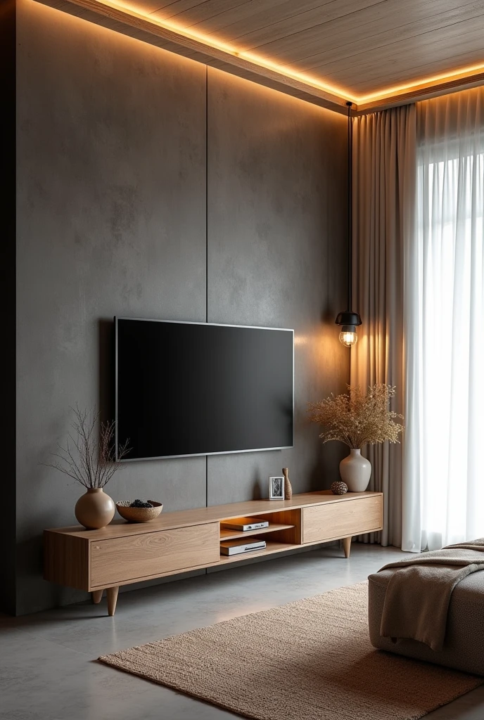 A modern and cozy living room with a gray floor and light walls. The wall where the TV is located has a dark burnt cement finish., creating an elegant contrast. The ceiling lining is made of PVC with a woody appearance, adding a touch of warmth to the environment. In the right corner of the room, there is a pendant light with two warm white light bulbs, that gently illuminates the space. The right wall is covered by a white curtain that stretches from end to end., giving a feeling of spaciousness. Below the TV, there is a vintage piece of furniture that houses some carefully selected decorative objects. To finish, a natural fabric rug covers part of the floor, on which is a coffee table made of natural wood, complementing the cozy and elegant look of the room. No LED lighting