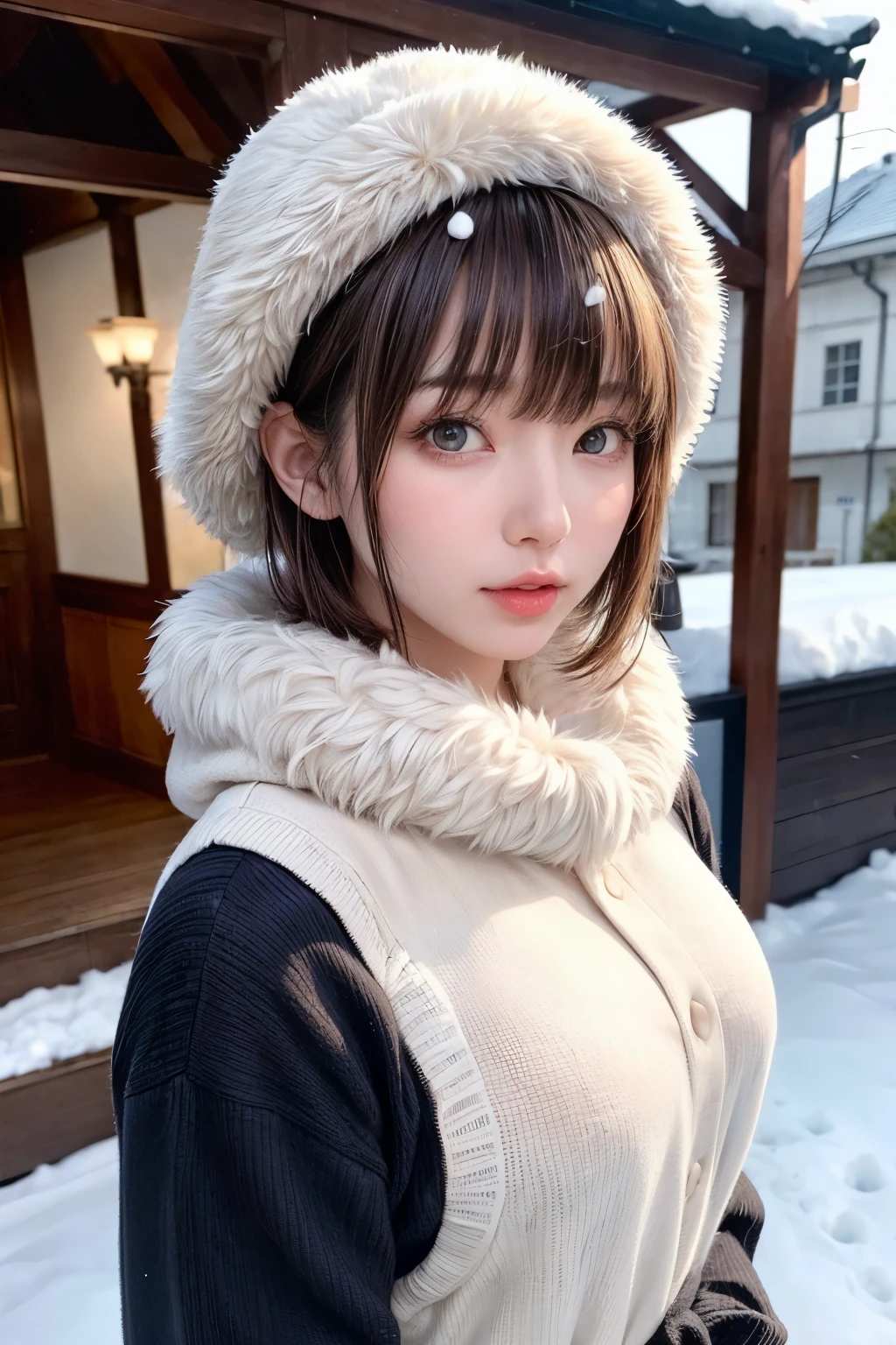 (masterpiece, Highest quality),One Girl, solo, Black-haired, scarf, hat, Realistic, Realistic, Looking at the audience, Light-coloured black eyes, Short brunette bob hair, Brown coat, Winter clothes, White headscarf, Lips, Bans, Plein Air, Mouth closed, Upper body、Big eyes、Eyelashes、((Beautiful landscape with sparkling snow))、(((Short bob hair with bangs、Shiny Hair、Big eyes、large full chest、Intensely accentuates the eyes、Staring at the audience、Beautiful beauty、Listen carefully、Long neck、Smile a little、Please close your mouth and laugh、Ideal body proportions)))、{huge|big|hugeな|Mega} chest:2, chestの谷間:2