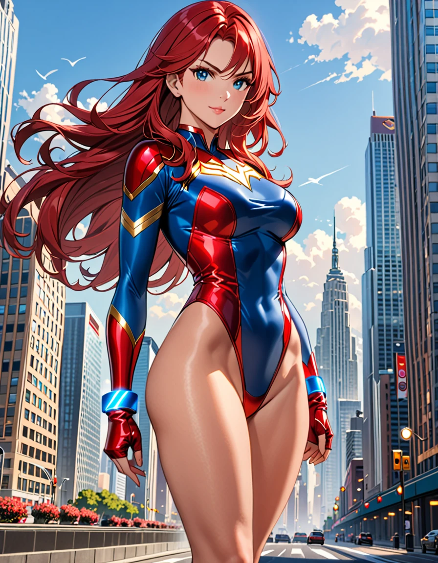 (((full body photo)))(masterpiece), best quality, highres, 1girl, medium breasts, leotard, red leotard with blue accents, bare legs, boots, matching boots, bracelets, city backdrop, solo, single, standing, full body shot, cowboy shot, beautiful detailed eyes, mature lady, red hair, long hair, superhero.