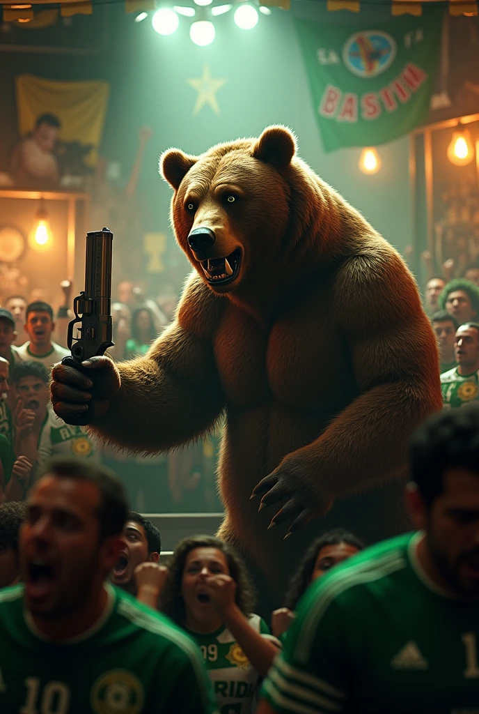 A bear with a gun entering a bar full of Corinthians fans