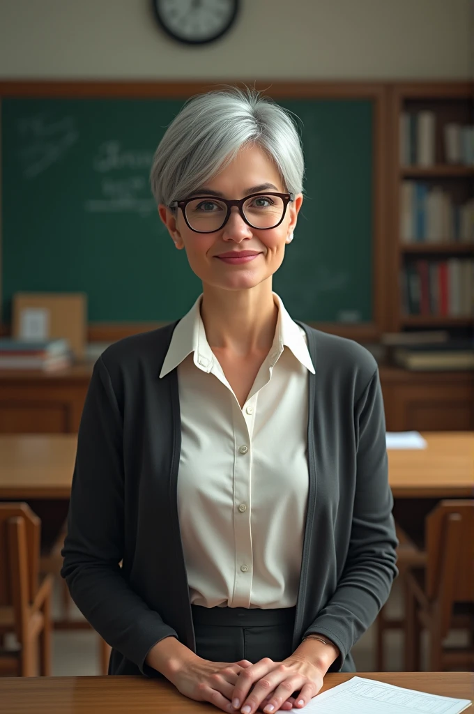 A teacher in a classroom with glasses short hair white skin
