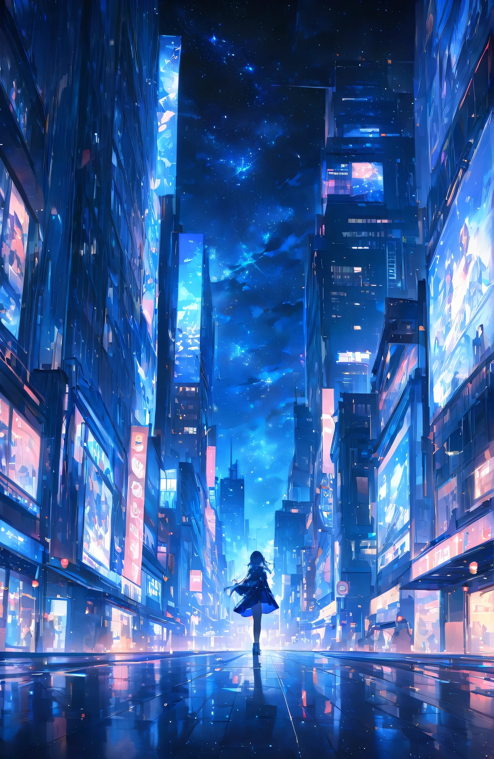 ((Amazingly absurd)),超High resolution, Attention to detail, high quality, High resolution, 最high quality, 4K, 8k、City、In town、night、sparkling、whole, Artwork in Deep Blue Tones