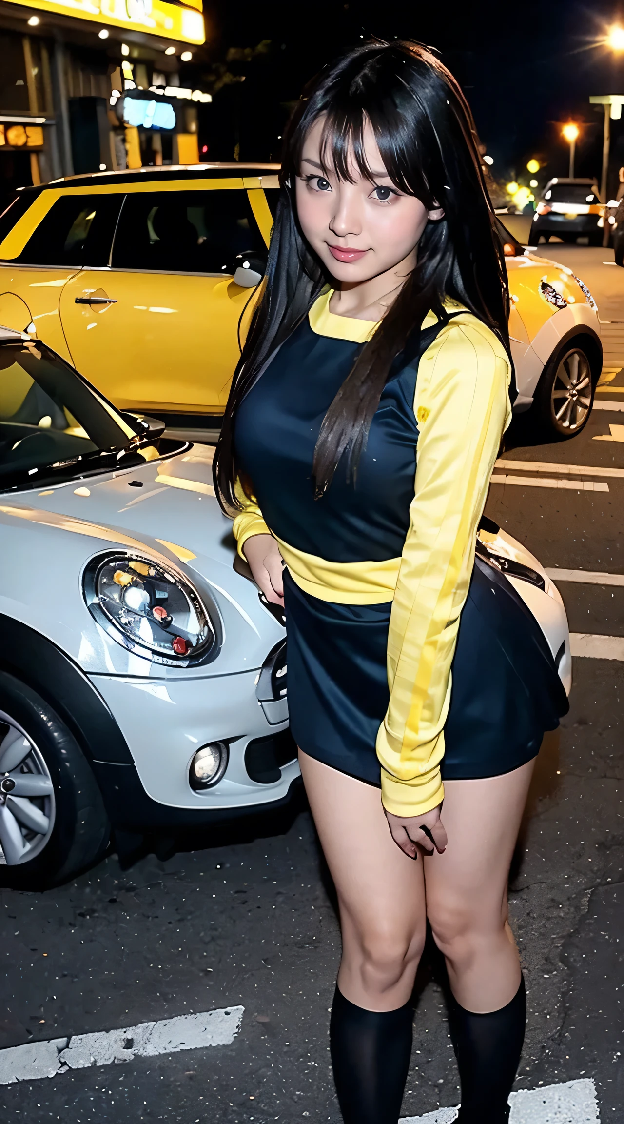 Familiar,Sharp lines,Highest quality, masterpiece、Night Parking、Dark Light、Canon Photo Crystal Clear ,(Realistically:1.2), (A mini skirt dress with blue and yellow stripes)、Action pose、Take a full body photo、Lazy Smile、Attractive person、Semi-long hair