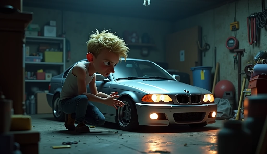 Im Stil von Pixar 3D- The animated film. A maniac-looking man with short blond hair is tinkering with a silver BMW E46 Compact in a dark terraced garage.