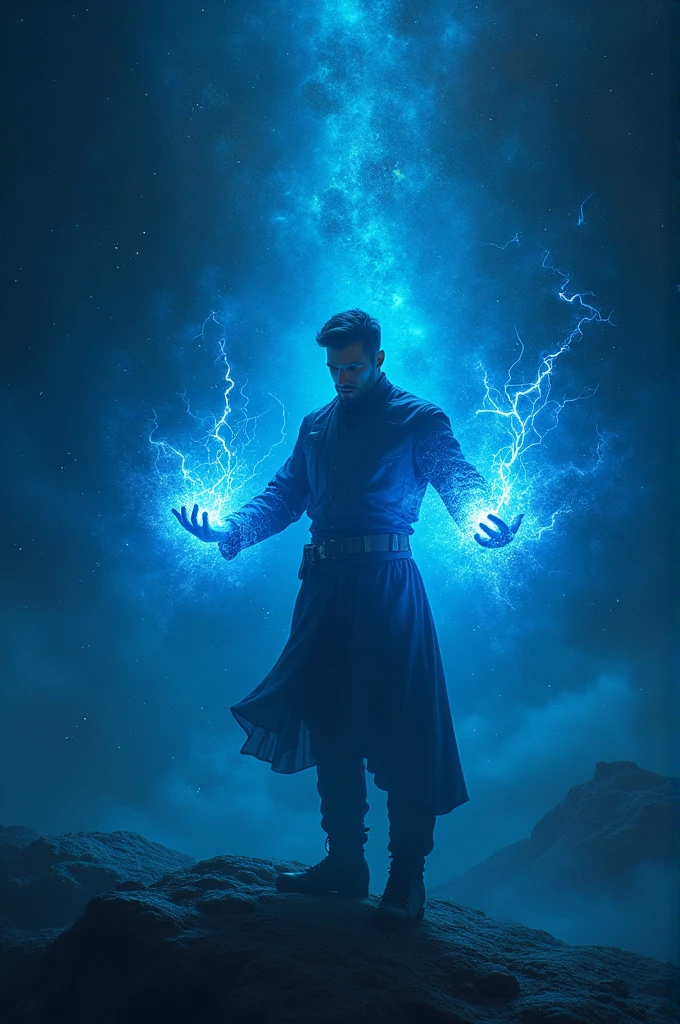 A man shouts in anger at the camera. He is dressed in dark Sith robes and shoots lightning bolts from both hands at the camera.