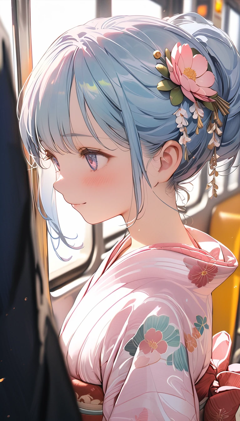 masterpiece, best quality, extremely detailed, (illustration, official art: 1.1), 1 girl, ((((light blue hair)))), (((light blue long hair))), light blue hair,, ((blush)), cute face, big Eyes, masterpiece, best quality, (((a very delicate and beautiful girl))))), amazing, beautiful detailed eyes, blunt bangs ((((little delicate girl))), ((tareme))), droopy eyes. (true beautiful: 1.2), sense of depth, dynamic angle,,, affectionate smile, (true beautiful: 1.2), (tiny 1girl model: 1.2),) (flat chest), look away, long ponytail, (waiting, boring)), long SHOT, “A GIRL IN A BEAUTIFUL WHITE YUKATA WITH FLOWER PATTERNS. The obi of the yukata is pink and adorned with shining pearl accessories.tied hair, kanzashi, flower hair ornament, fluffy note hair ornament, crescent decoration,,,, 8k, super detail, UHD, accurate, masterpiece, anatomically correct, textured skin, super detail, high details, high quality, award winning, best quality, highres, (((, tension, tension))),,(1girl:1.4), solo, sunset, train station platform,  waiting, tranquil, glowing, evening, reflective, serene, sky, daily life, anticipation, public transport, fleeting, momentary, youthful, stillness, orange hues, silhouetted, peaceful, routine, departure, arrival, contemplative, solitude, vibrant, nostalgic, patient, observant

