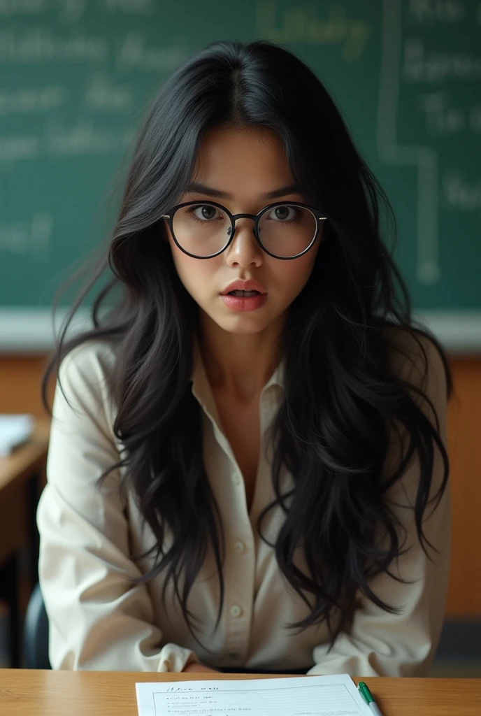 attractive teacher, very sexy surprised behind the desk with glasses real person long black hair