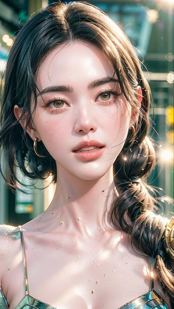 Movie scene, close-up shot of Woman dressed as Aquaman from DC, distorted space, distorted undead in the background, lens flares, light shafts, intricate details, highly detailed, volumetric lighting, 4k rendering, stock photo, hyper-realistic, realistic textures, dramatic lighting, Unreal Engine (Mai Davika Hoorne)