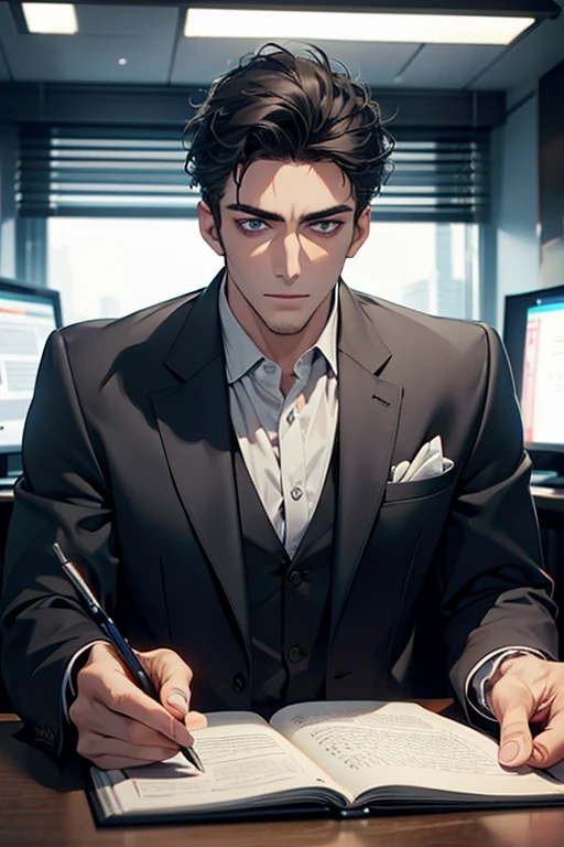 (Best Quality,4k,8k,high resolution,Masterpiece:1.2),ultra detailed,(realist,photorealist,photo-realist:1.37),1 man,31 years,mature man,very handsome,without expresion,muscled body,short gray black hair,Blue eyes,glare,perfect face without mistakes,imposing posture,businessman,office background,cinematic lighting,imagen HDR