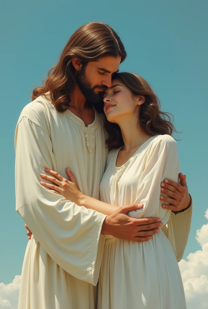 Blue sky background, woman with brown hair, shoulder-length hair, glasses, full mouth, brown eyes, big nose, being supported by Jesus